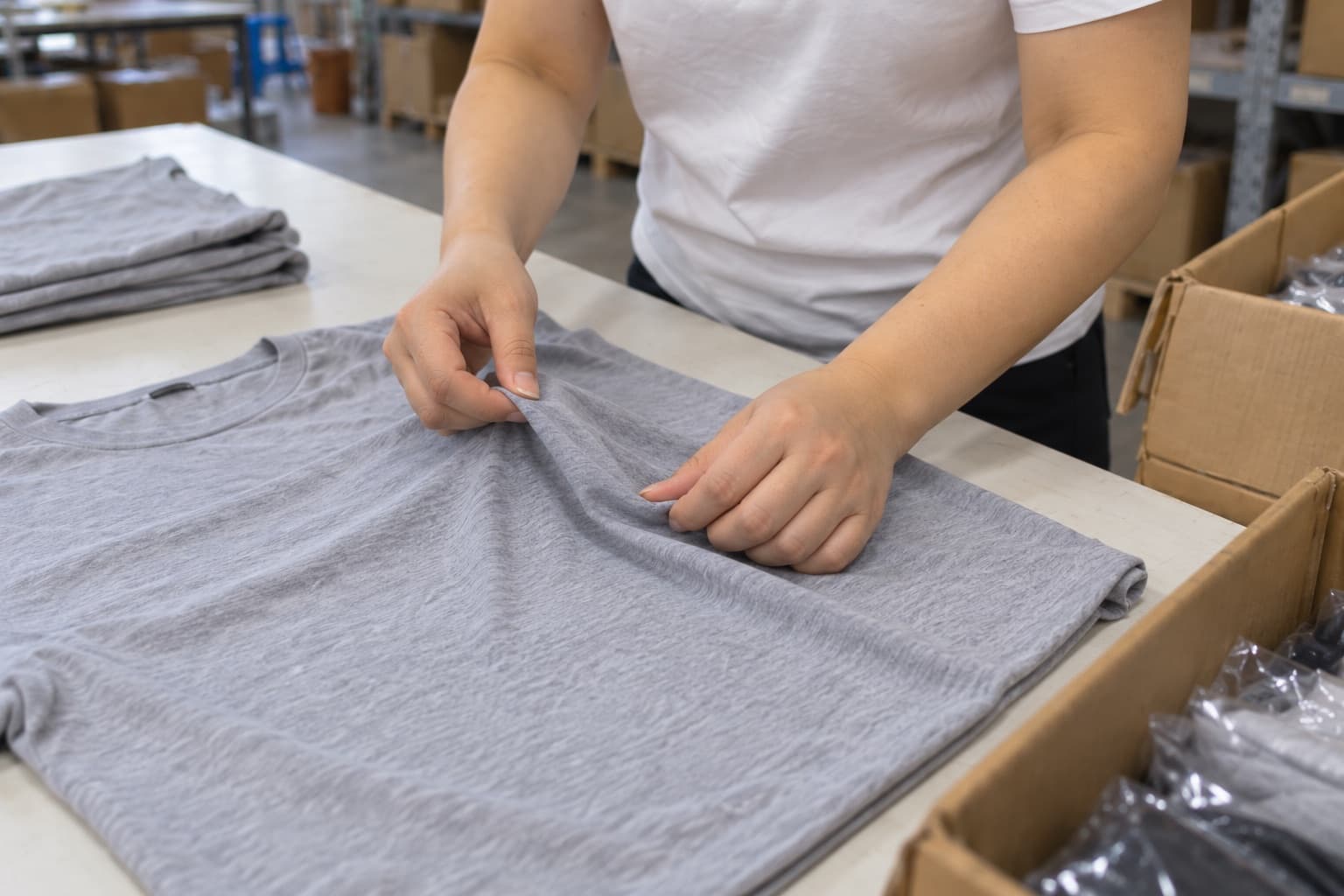 Hands checking a folded grey cotton T-shirt at a bench, with polybagged garments stacked alongside.