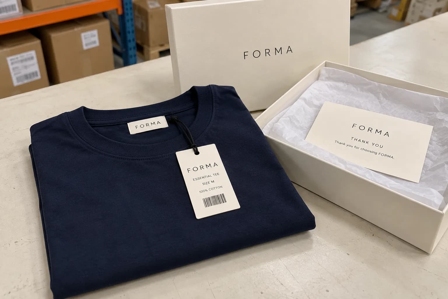 A folded navy garment in a branded presentation box with a printed card alongside it.