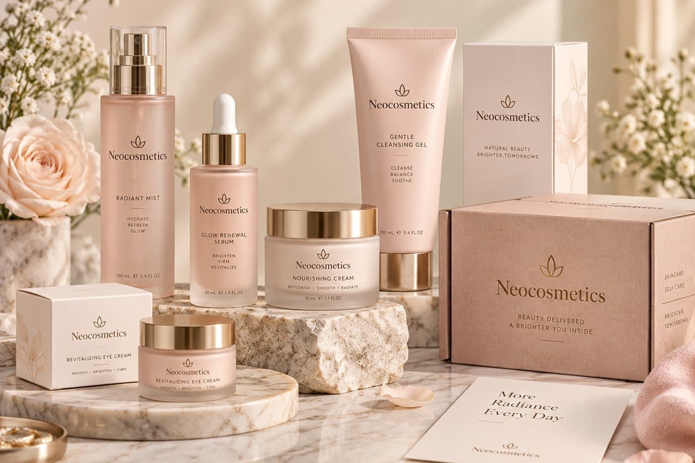 A private-label skincare range in branded packaging: a mist, a serum dropper, a cream jar, a cleansing gel tube and printed cartons.