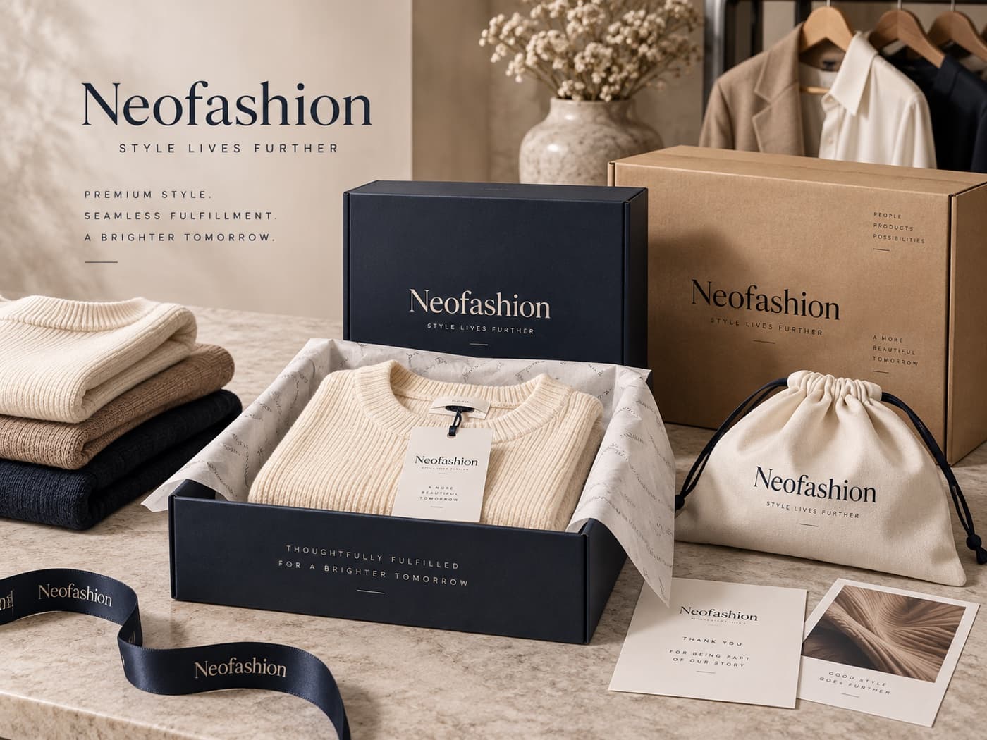 Folded knitwear packed in a branded rigid box with tissue, a swing tag, a dust bag, printed ribbon and thank-you cards.