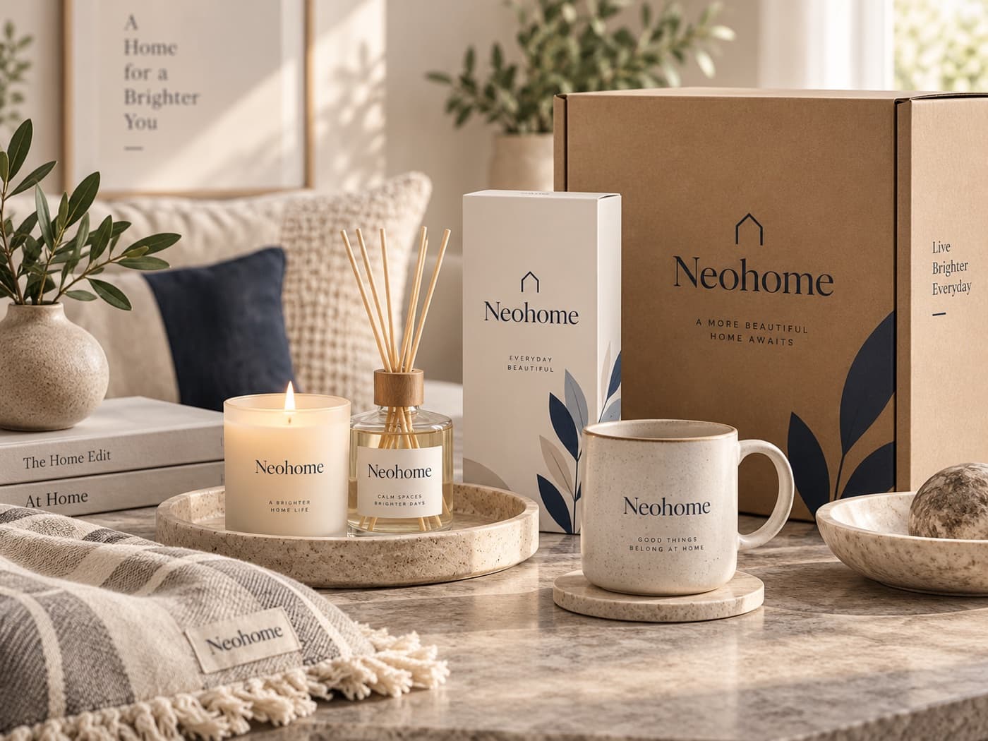 Home and lifestyle products in branded packaging: a candle, a reed diffuser, a stoneware mug and a printed mailer box on a living-room table.