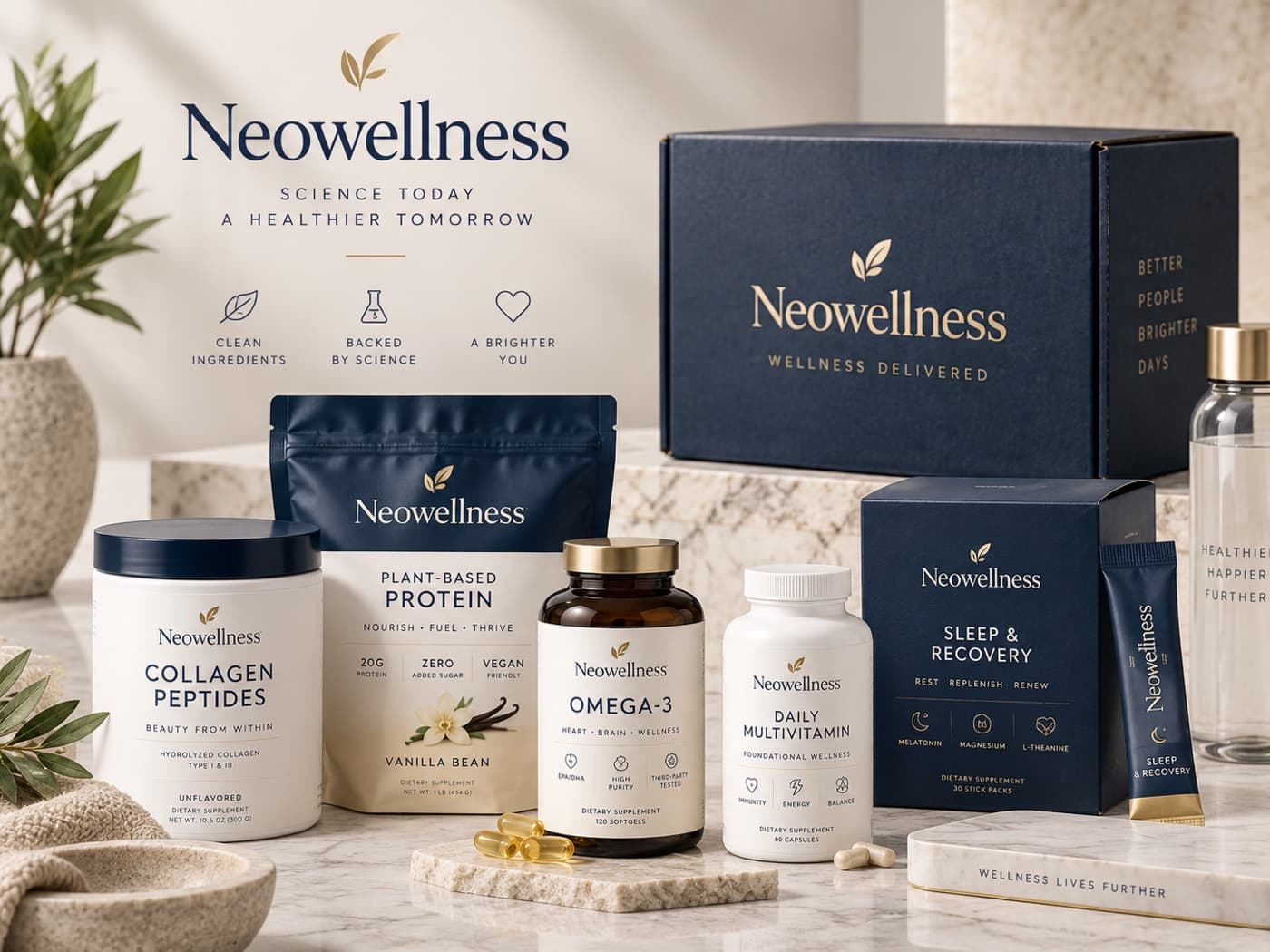 Private-label supplement range in branded packaging: collagen tub, protein pouch, omega-3 and multivitamin bottles, sleep sticks and a printed mailer box.