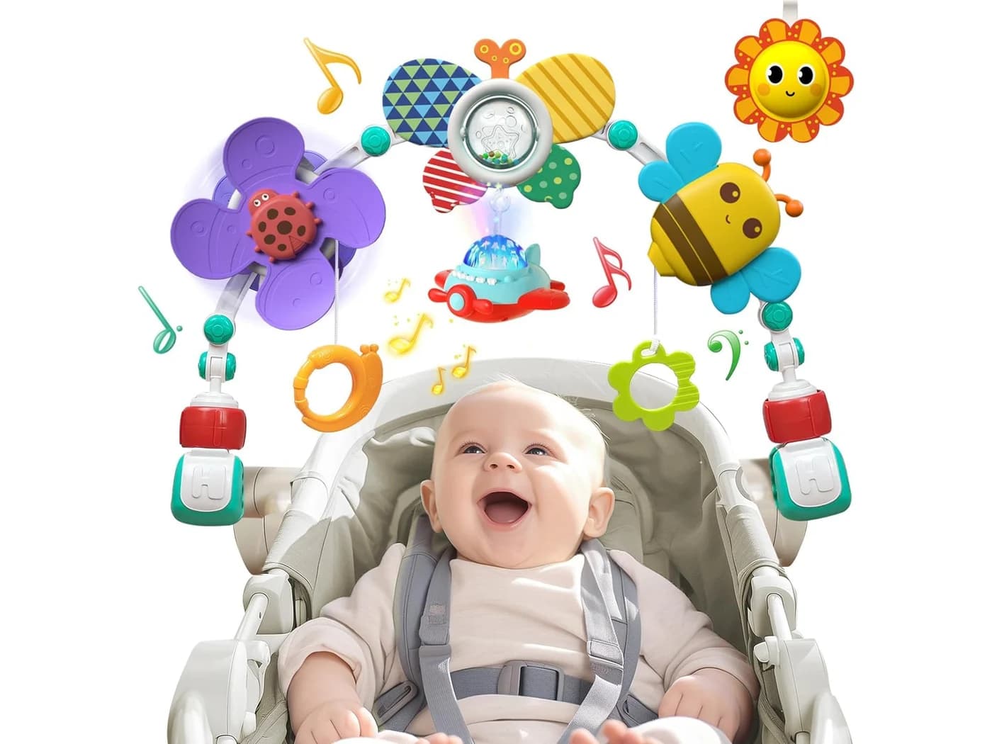 Baby products dropshipping suppliers stroller activity toy with colorful hanging rattles above a baby seat.