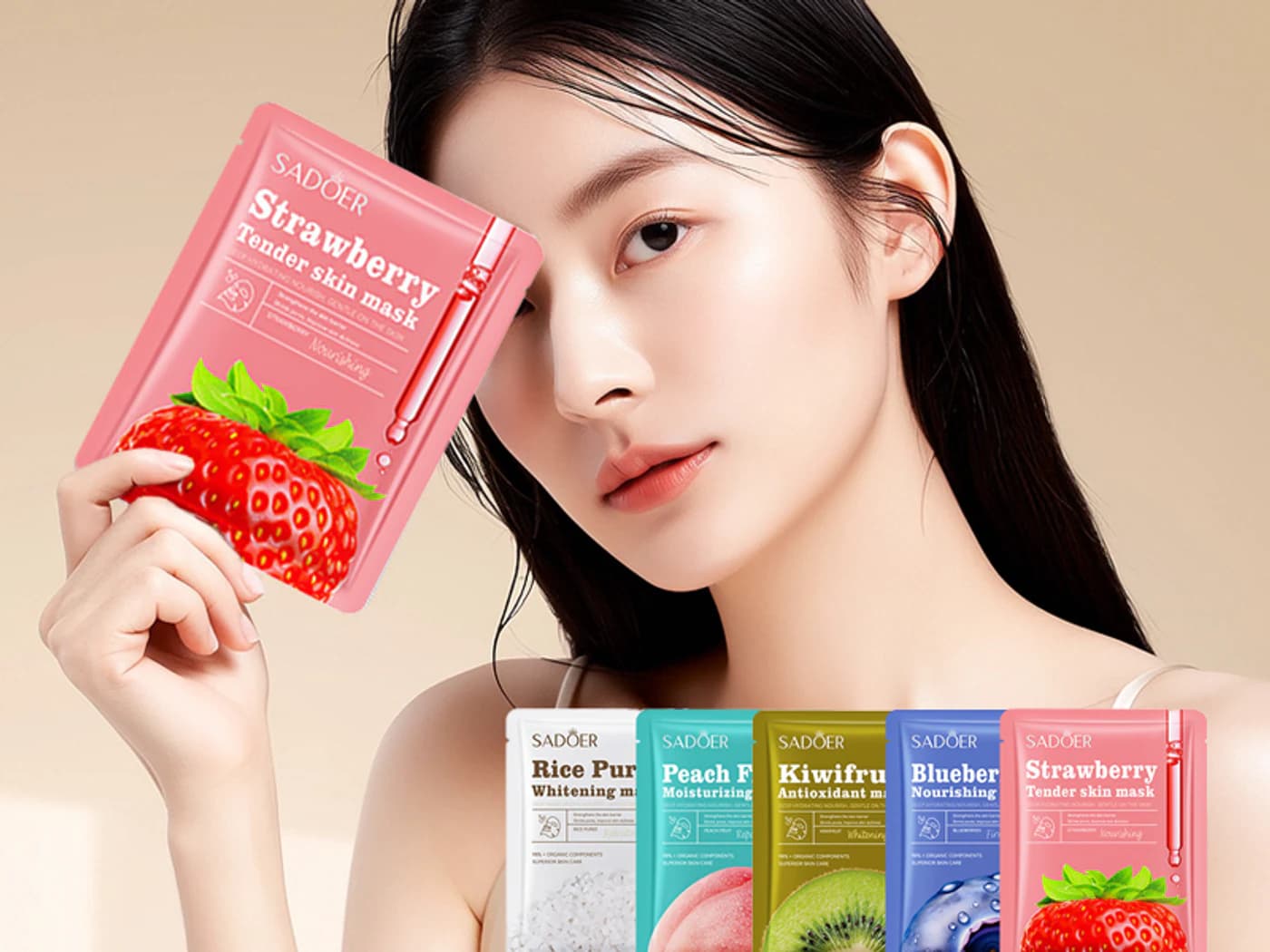 Dropshipping skincare suppliers sheet mask range shown with a model.