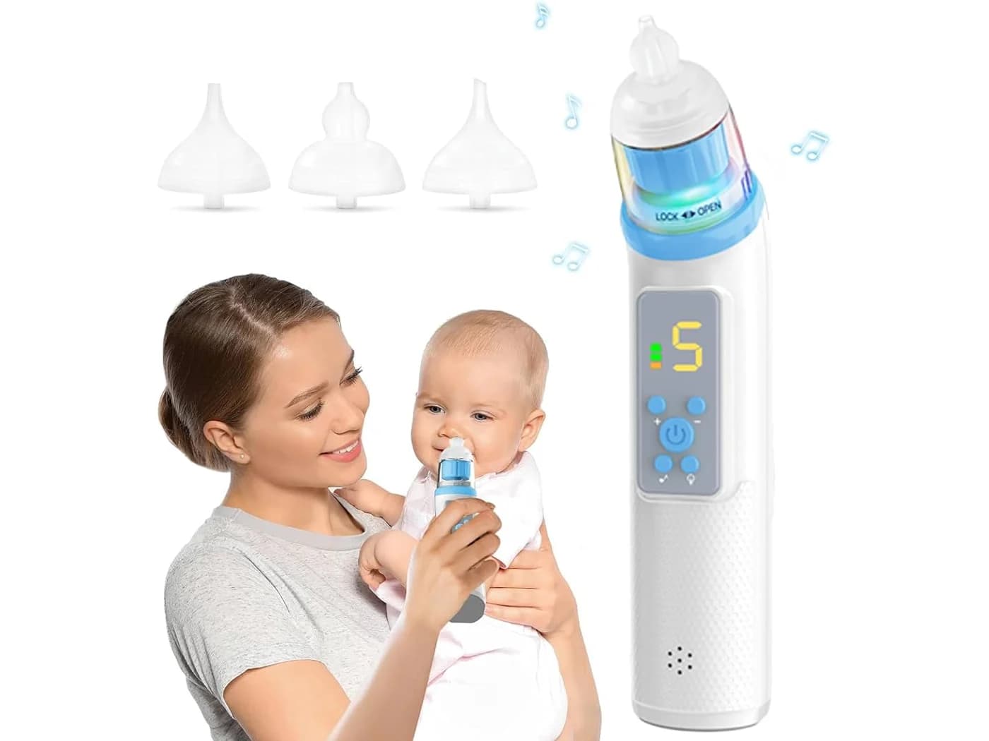Electric baby nasal aspirator with interchangeable silicone tips shown in use by a parent.
