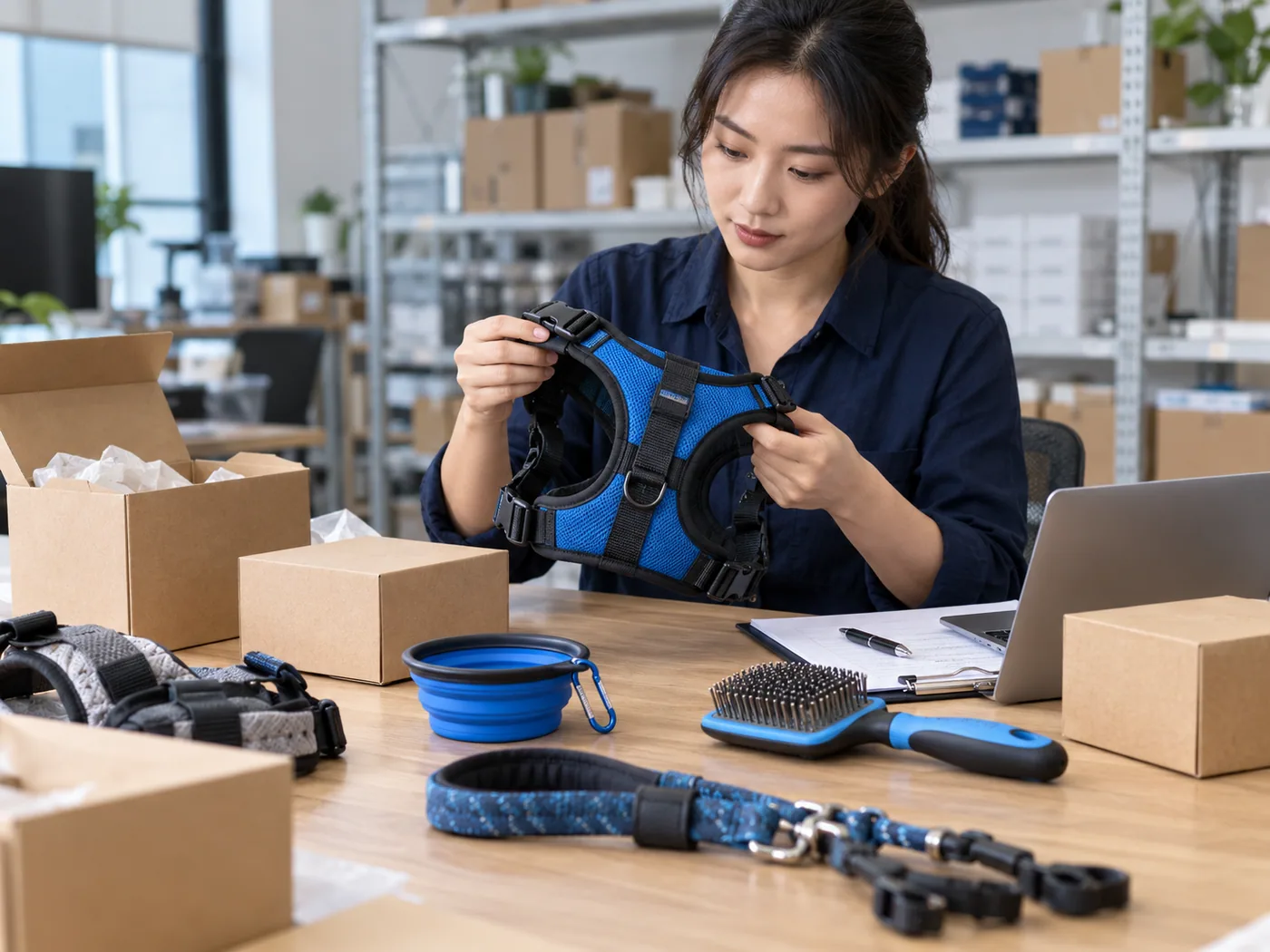 Pet dropshipping suppliers sample review with a dog harness, grooming brush and travel bowl.
