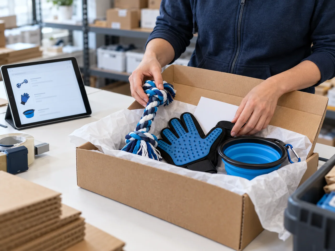 Pet product order packing with a rope toy, grooming glove and collapsible bowl in a recyclable mailer.