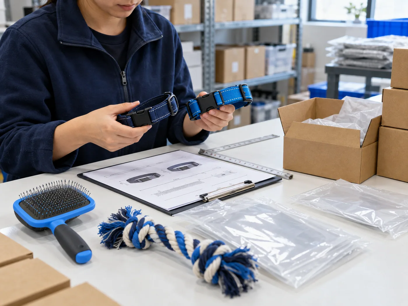 Pet product quality inspection comparing adjustable dog collars with a product specification.