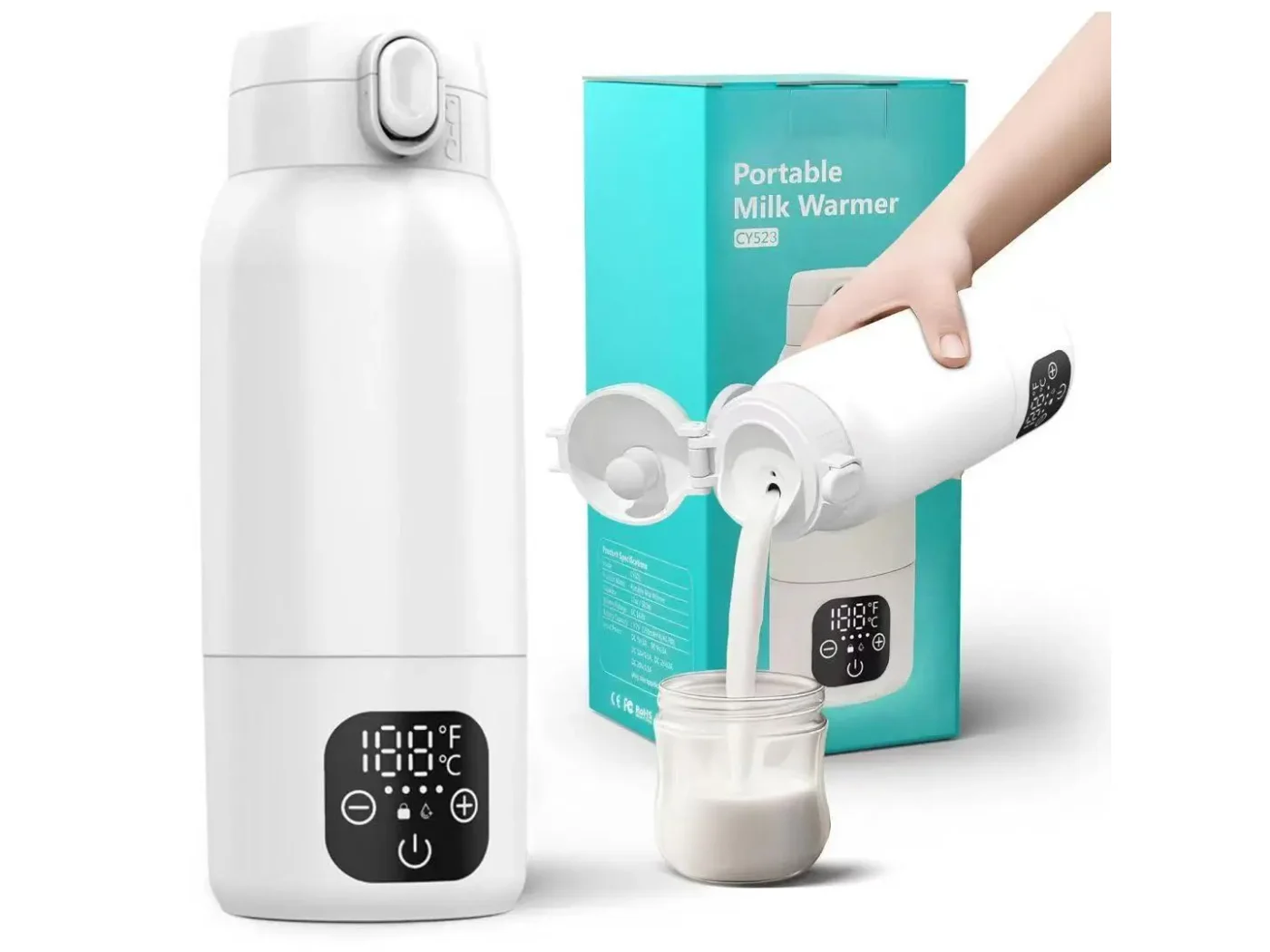 Portable baby milk warmer with temperature display, retail box and milk being poured.