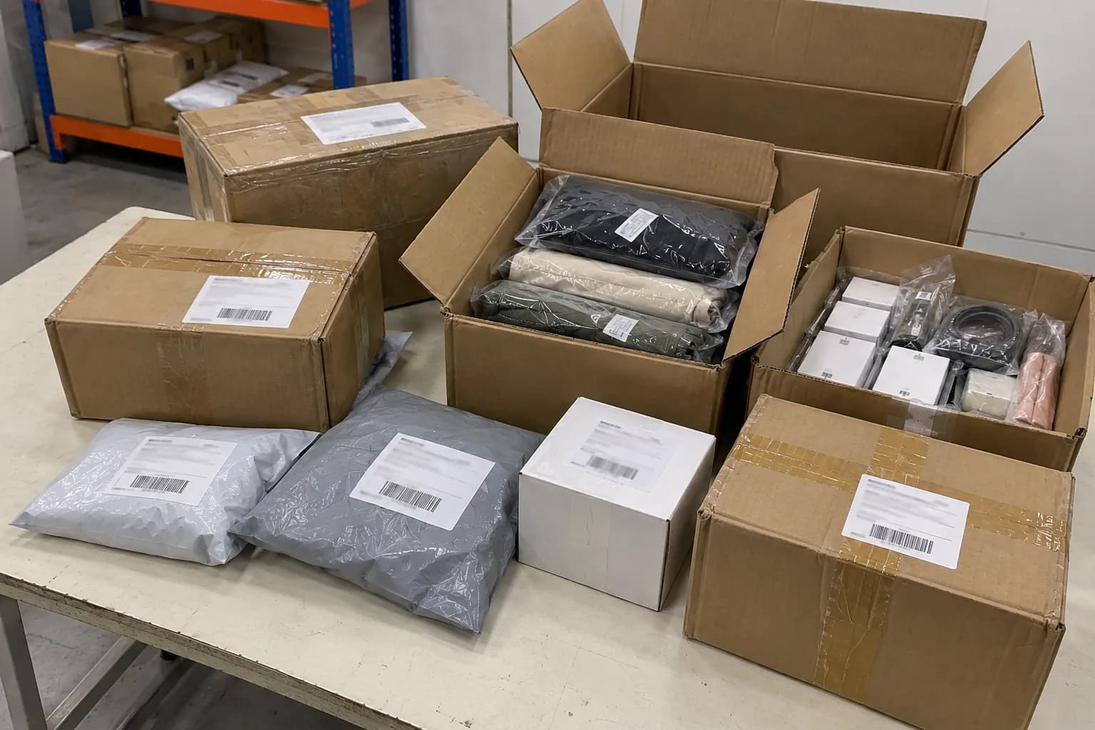 Opened cartons of polybagged goods and boxes on a bench, being checked before packing.