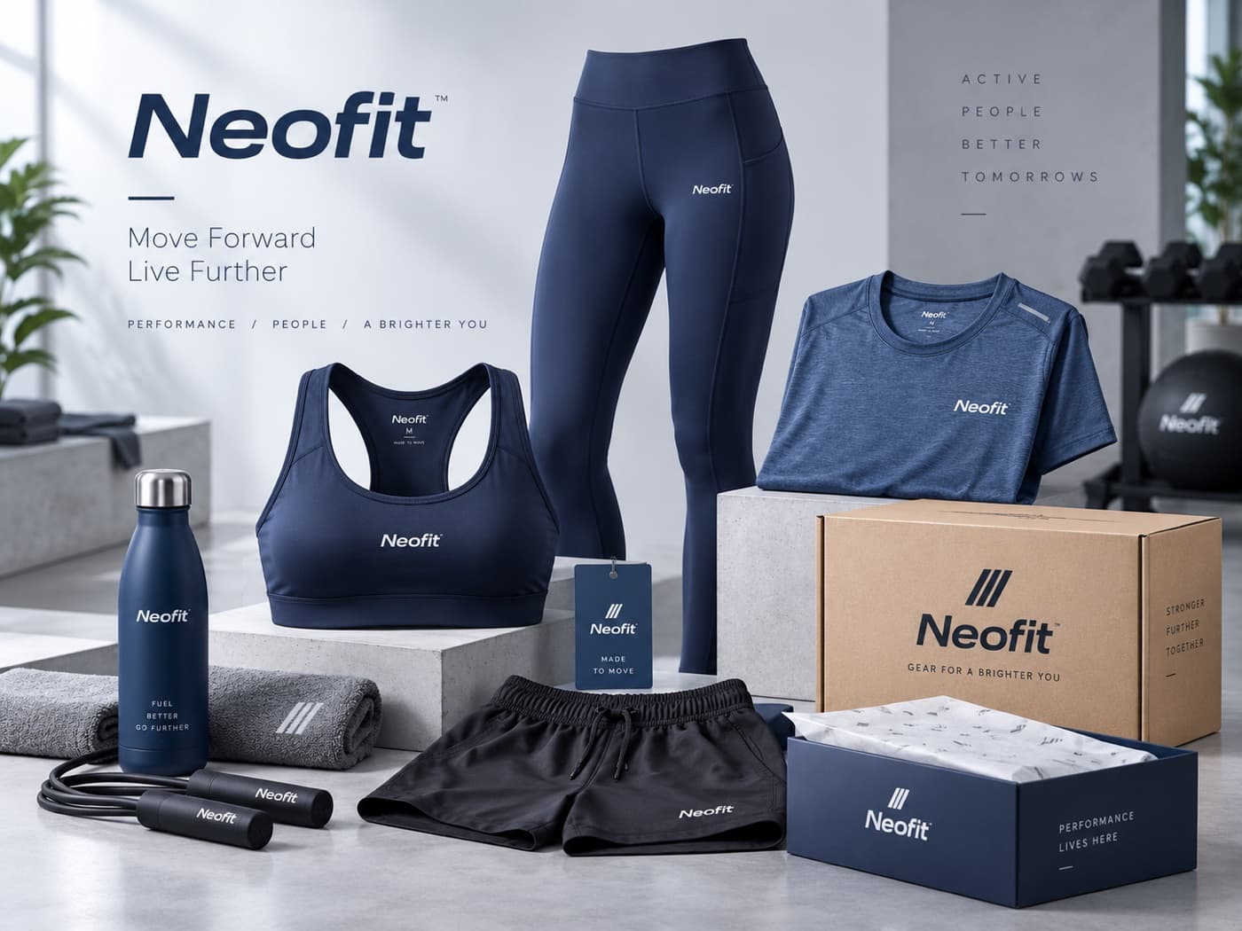 Activewear range in branded packaging: leggings, a sports bra, a training tee and shorts with a water bottle, swing tag and printed cartons.