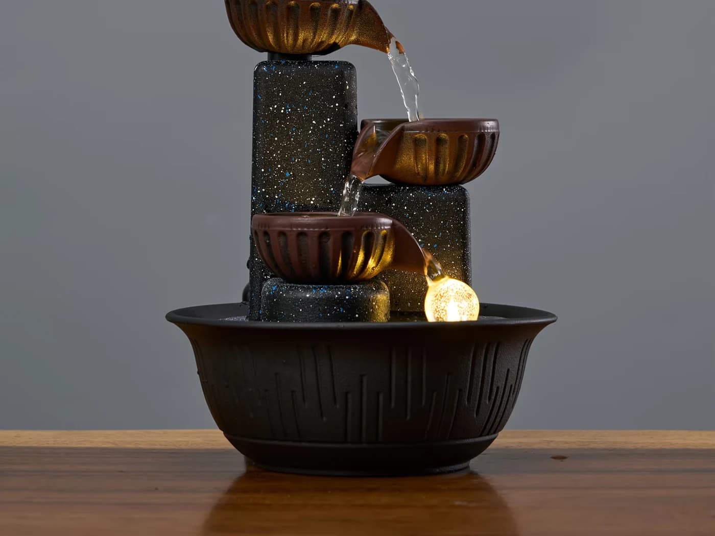 Tabletop water fountain for home decor dropshipping Dropshipping home decor suppliers tabletop water fountain with tiered bowls and a light.