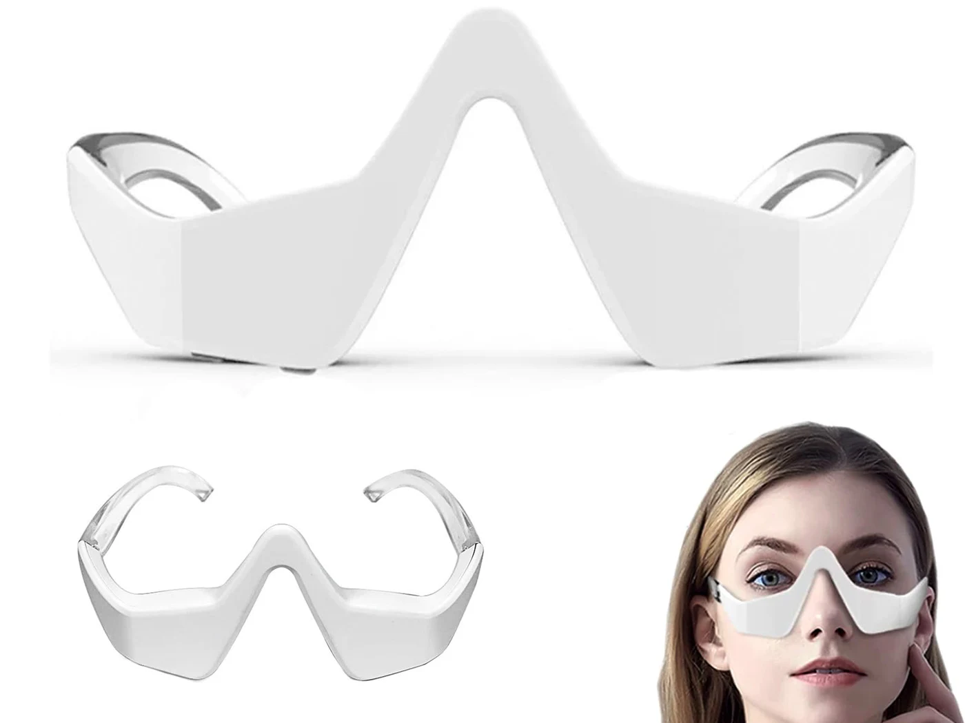 Eye area massage glasses beauty product White eye area massage glasses shown from several angles with a model wearing them.