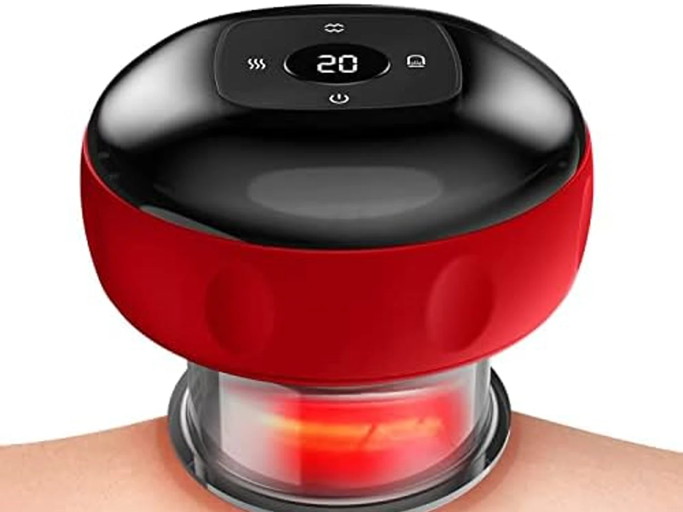 Heated suction body massager product Red and black heated suction body massager shown against a white background.