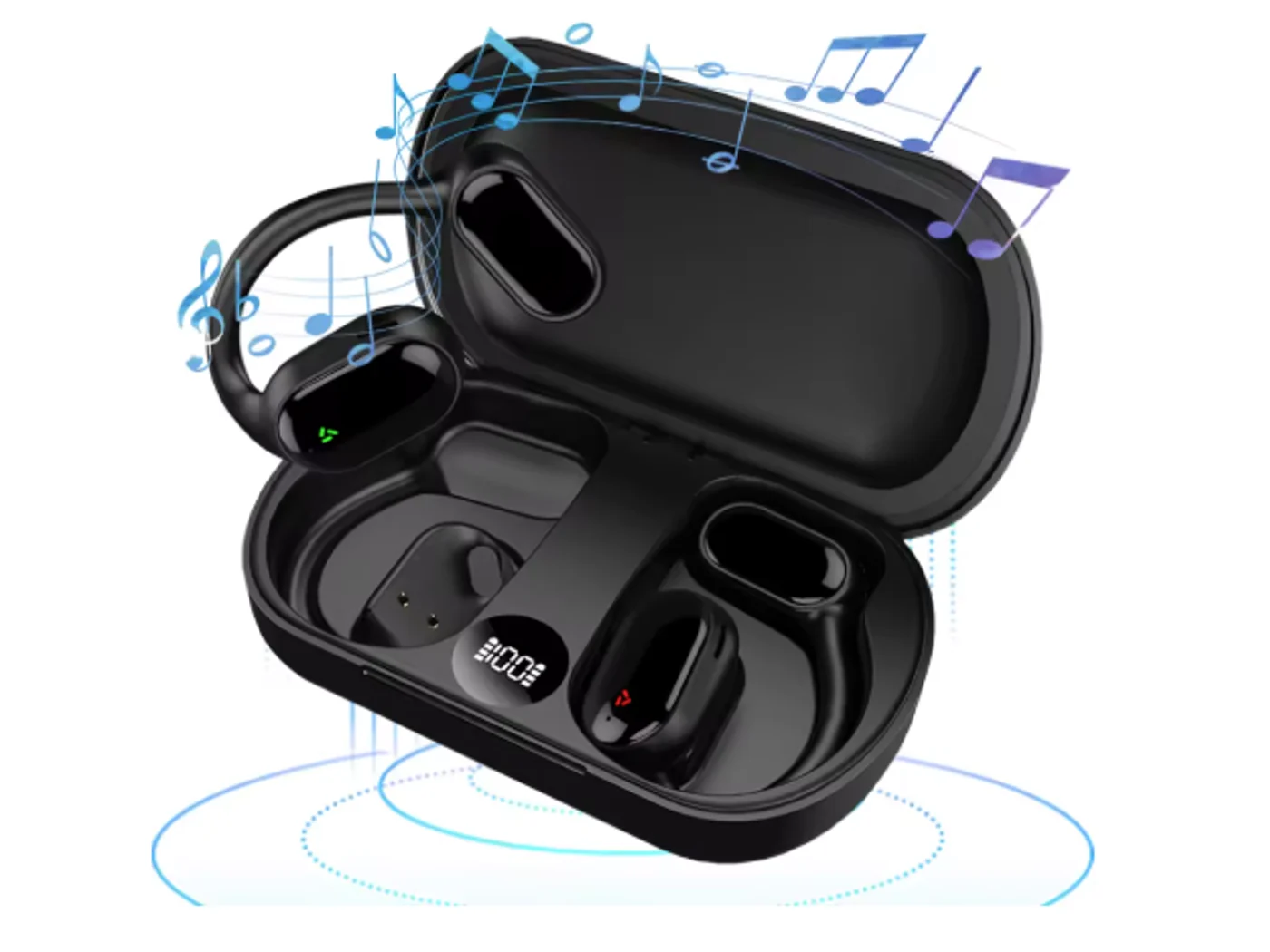 Wireless earbuds with digital charging case Black wireless earbuds displayed inside an open digital charging case.