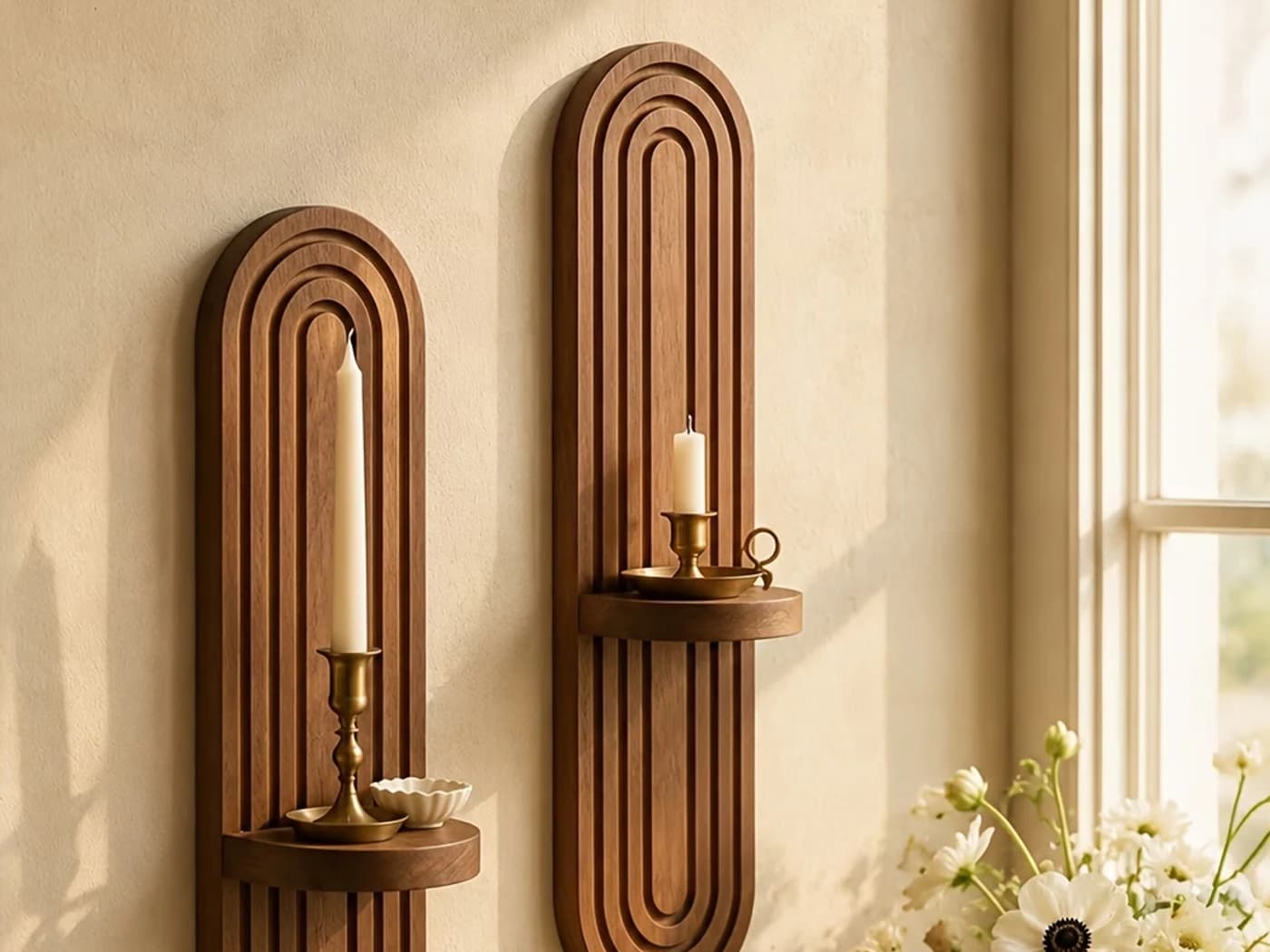 Wooden wall candle holder set for home decor Two wooden wall candle holders displayed beside a sunlit window.