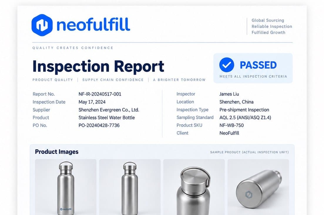 A Neofulfill pre-shipment inspection report, showing the product, the sampling standard, the checklist and the quantity summary.